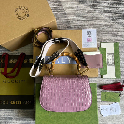 gg Bamboo 1947 Crocodile Top Handle Bag Pink For Women, Women&#8217;s Bags 10.2in/26cm gg