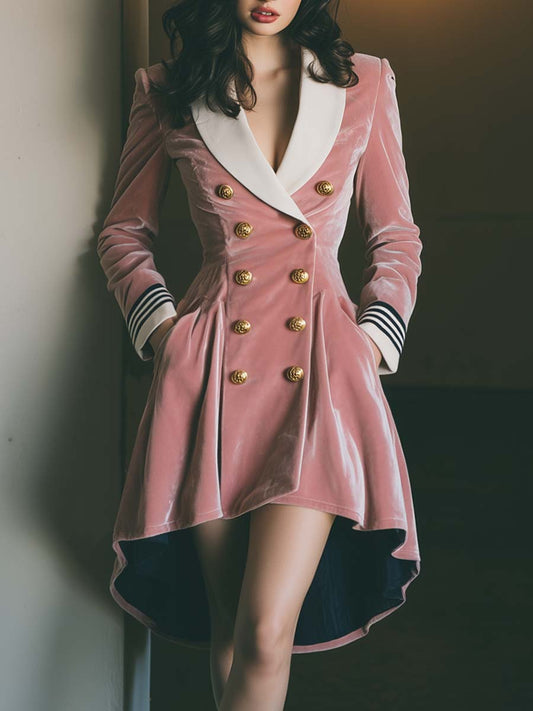 Exquisite Vintage Contrast Color V-neck Pink Velvet Short Front And Long Back Bubble Hem Mini Dress