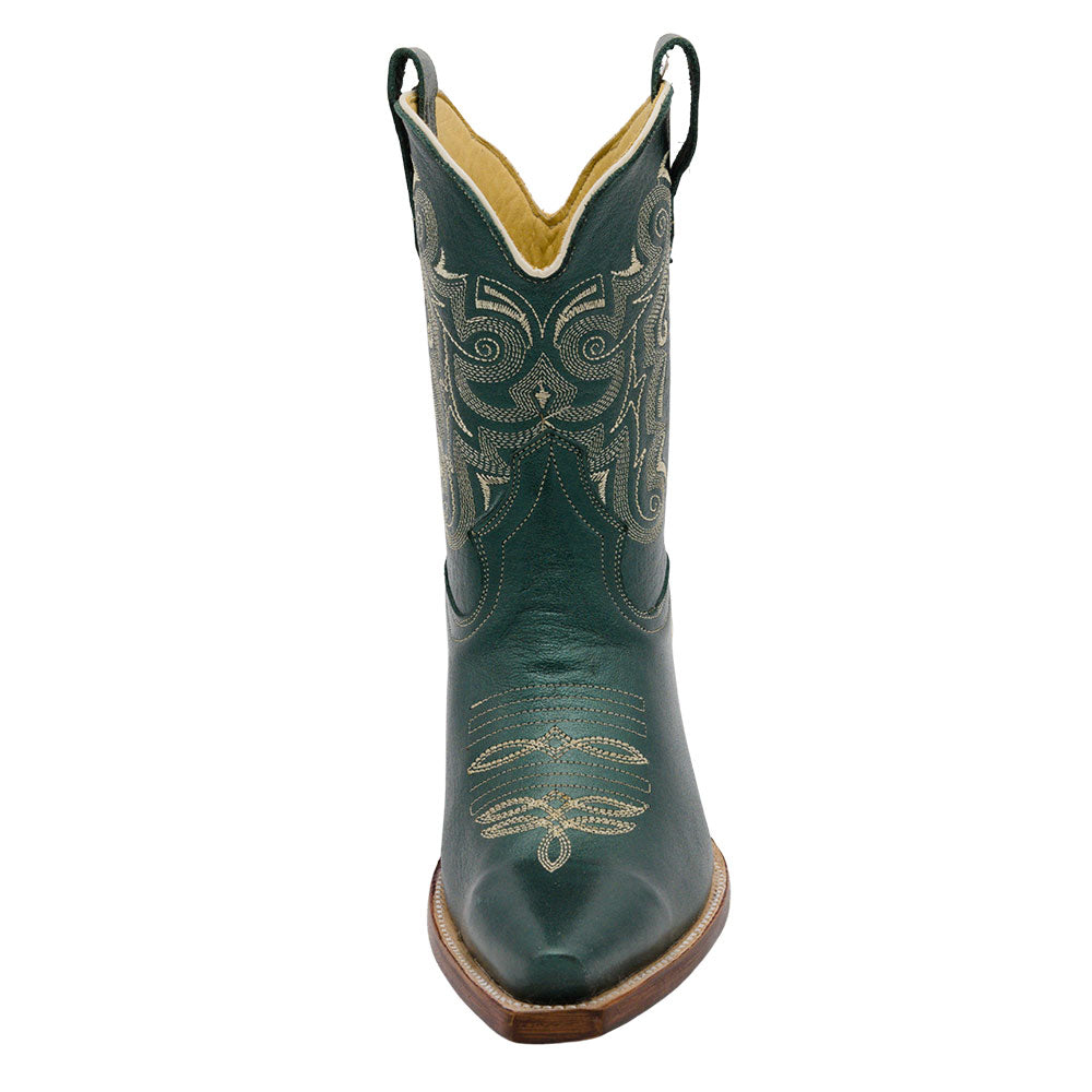 Faux Leather Embroidered Green Snip Toe Cowboy Boots for Women