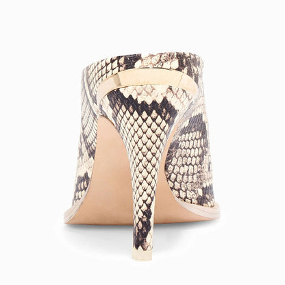Beige and Black Vegan Leather Pointed Toe Python Print Mule Heels