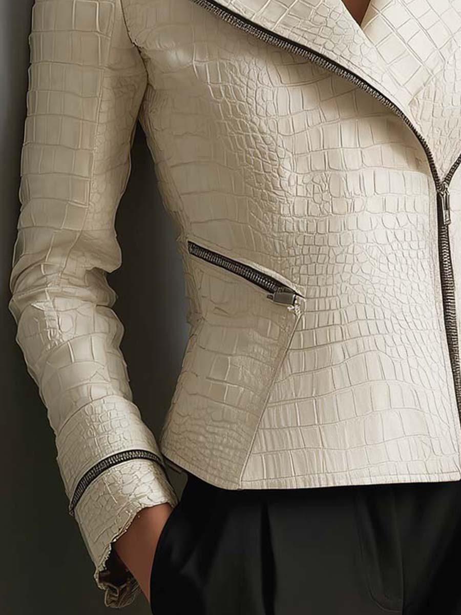 Eco Leather Croc-Embossed Biker Jacket – Ivory