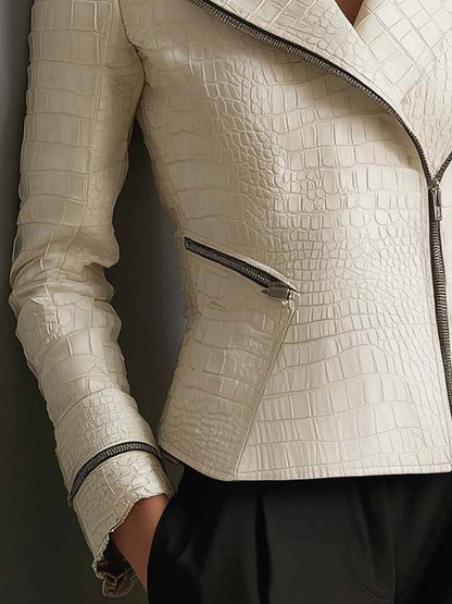 Eco Leather Croc-Embossed Biker Jacket – Ivory