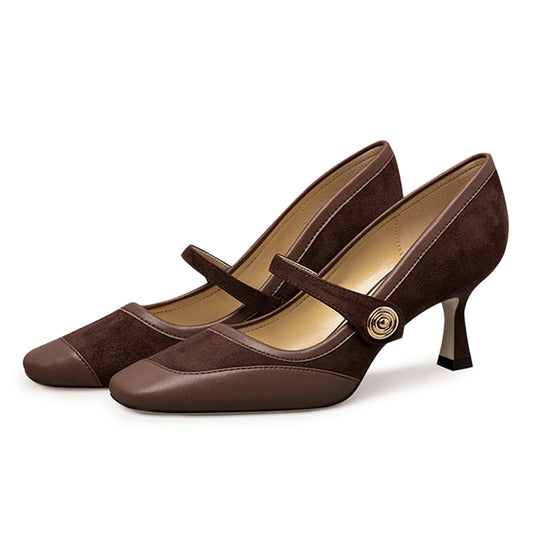 Elegant Brown Square Toe Patchwork Kitten Heel Mary Jane Pumps