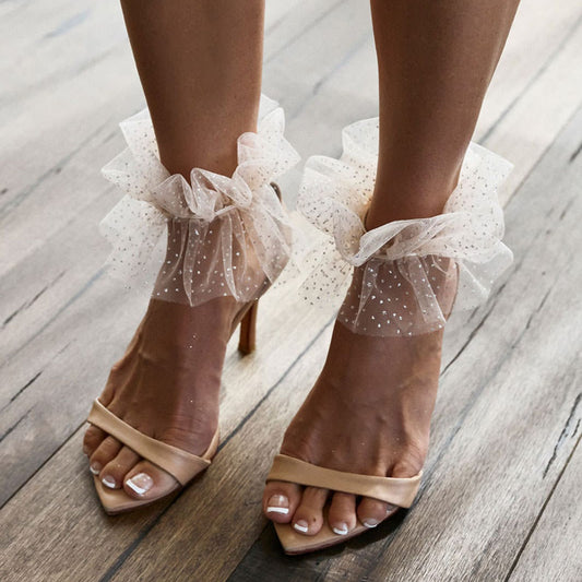 Beige Pointed Toe 3'' Stiletto Heel Mesh Flared Ankle Strap Sandals
