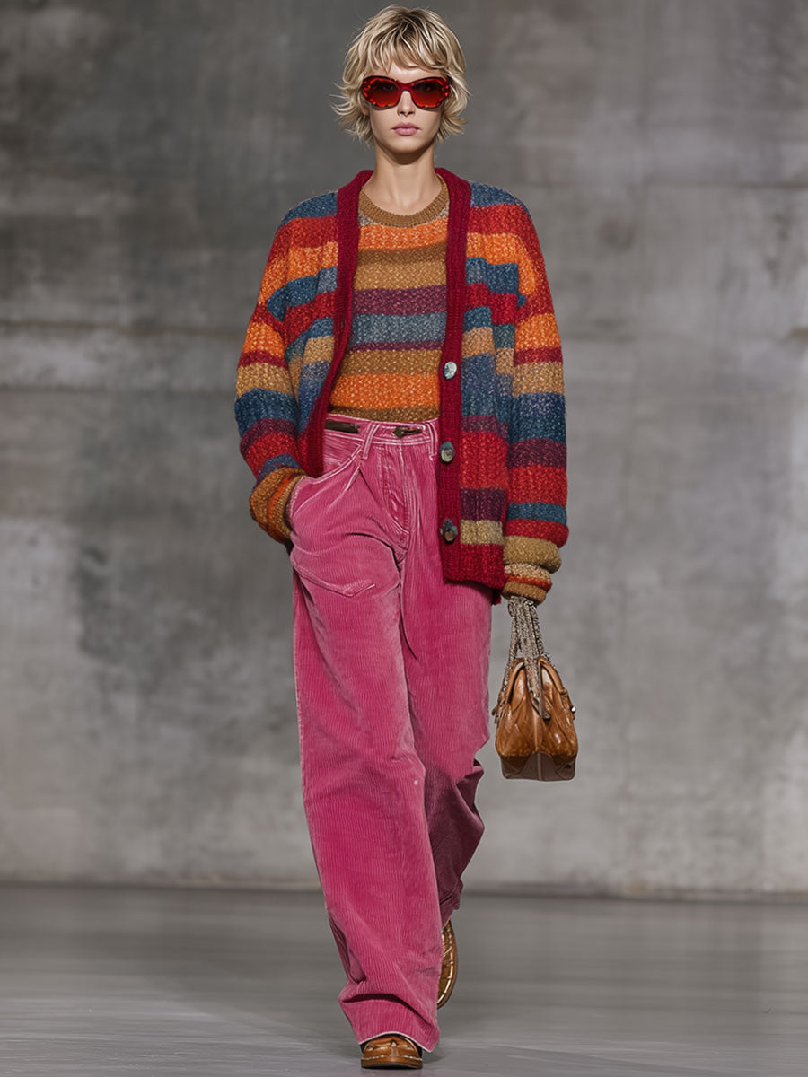 Fashion Retro Rainbow Striped Knitted Button Cardigan