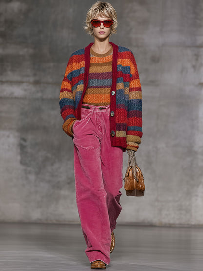 Fashion Retro Rainbow Striped Knitted Button Cardigan