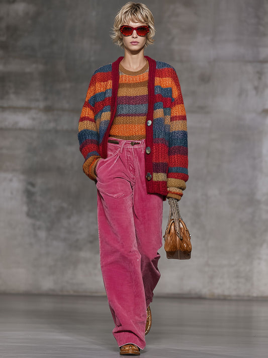 Fashion Retro Rainbow Striped Knitted Button Cardigan