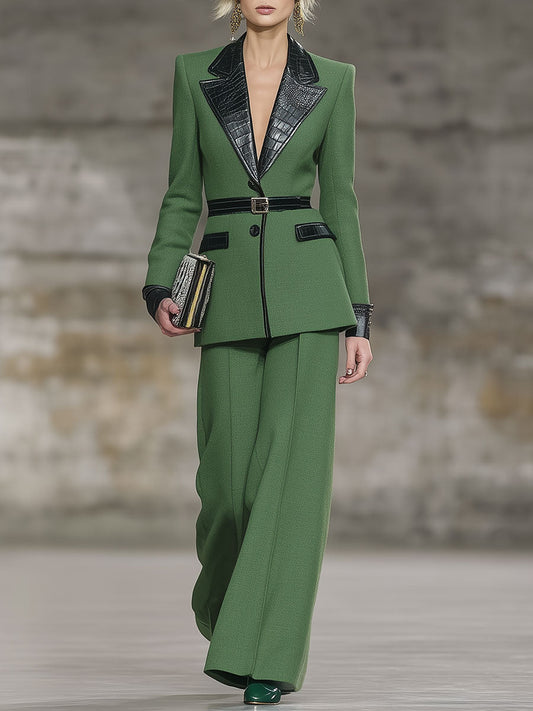 Exquisite Vintage Green Blazer And Trousers Set