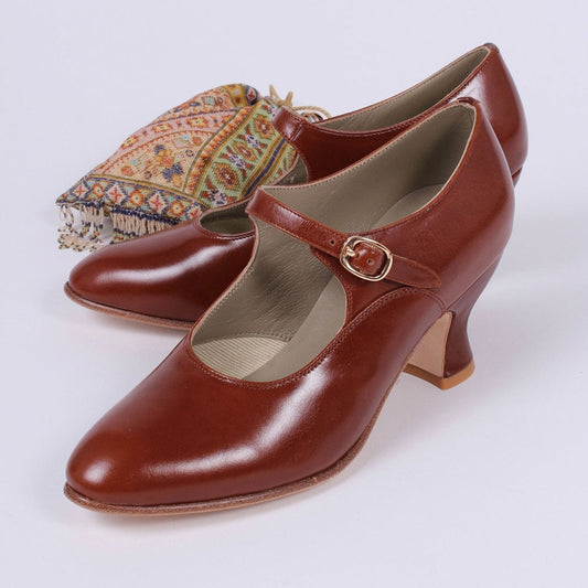 Elegant Faux Leather Brown Round Toe Heeled Mary Janes with Buckle