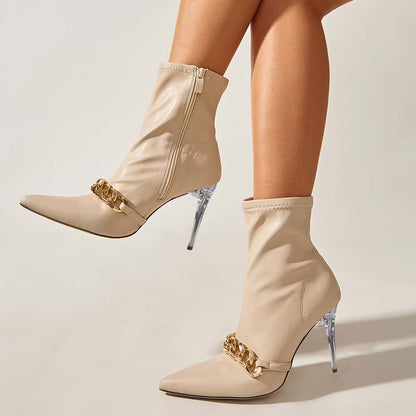 Beige Pointed-Toe Metal Chain Decorated Ankle Boots with Clear Heel