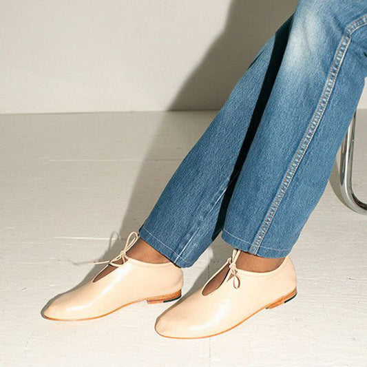 Beige  Round Toe  Lace Up Flat Oxford Shoes
