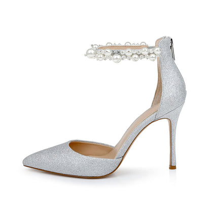 Glitter Pointed Toe Pearl Decor Ankle Strap Stiletto Heel Silver Pumps