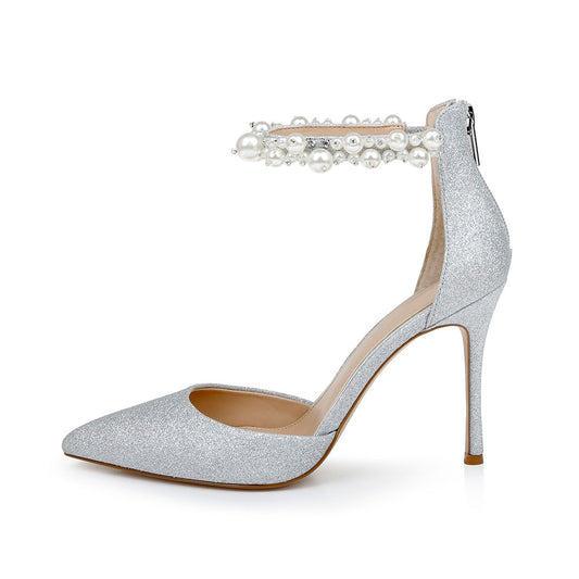 Glitter Pointed Toe Pearl Decor Ankle Strap Stiletto Heel Silver Pumps