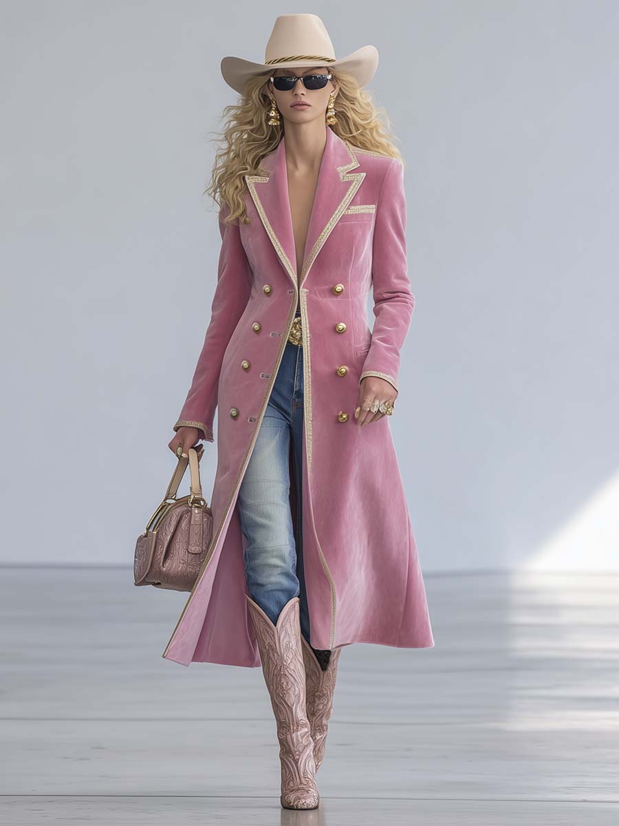 Exquisite Western Retro Large Lapel Front Metal Button Beige Trim Light Pink Velvet Coat