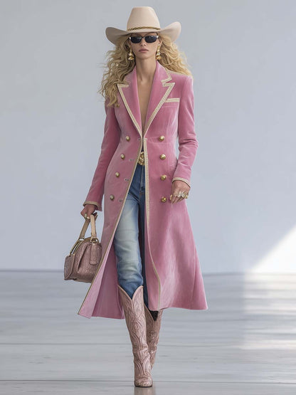 Exquisite Western Retro Large Lapel Front Metal Button Beige Trim Light Pink Velvet Coat