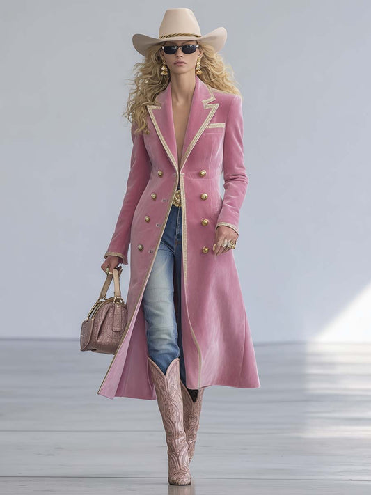 Exquisite Western Retro Large Lapel Front Metal Button Beige Trim Light Pink Velvet Coat