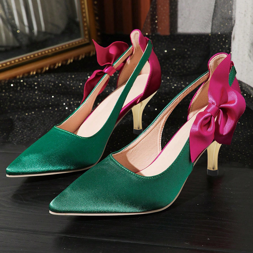 Fuchsia & Green Satin Pointed Toe Kitten Heel Pumps with Bow