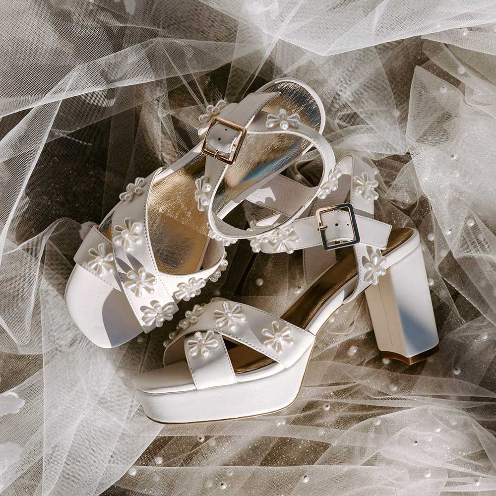 Elegant Ivory Pearl Flower Bridal Shoes Ankle Strap Platform Sandals