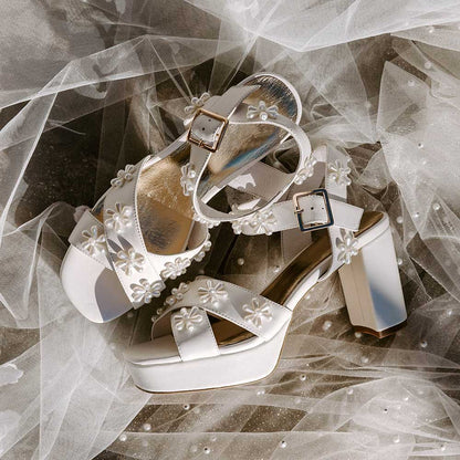 Elegant Ivory Pearl Flower Bridal Shoes Ankle Strap Platform Sandals