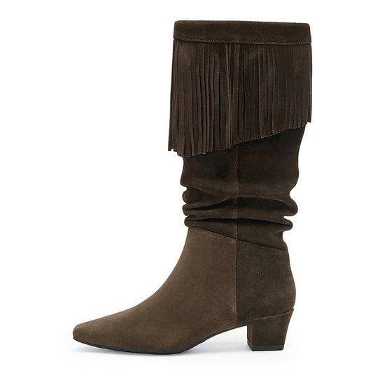 Dark Olive Slip On Mid Calf Block Heel Fringe Square Toe Slouch Boots