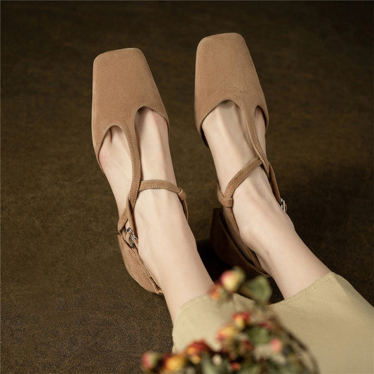 Beige Faux Suede Closed Toe Chunky Heel Strappy Pumps