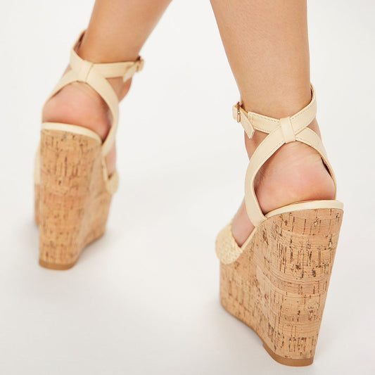 Beige Open Toe Wedge Heel Ankle Strap Platform Sandals