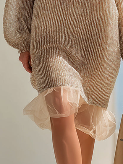 Elegant Loose Khaki Shiny Knitted Organza Hem Long Sleeve Midi Dress