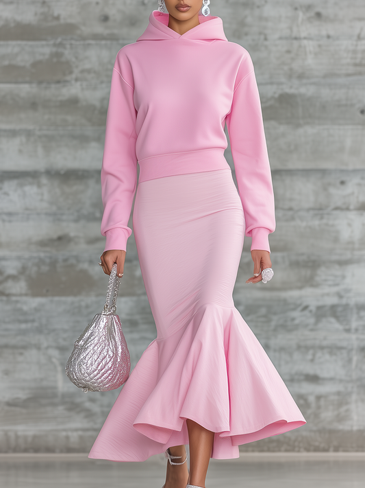 Elegant Hooded Sweatshirt And Mermaid Skirt Set