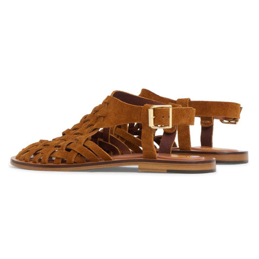 Faux Suede Square Toe Dark Brown Flat Women Sandals with Woven