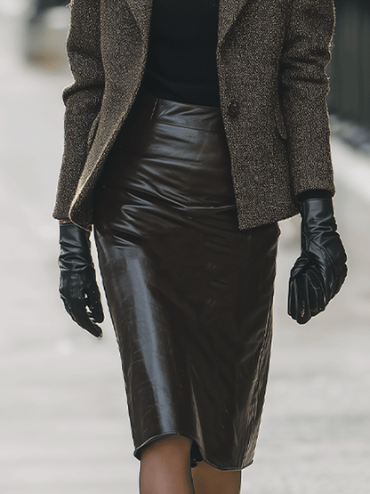 Dark Brown Faux Leather Pencil Skirt With Tweed Blazer