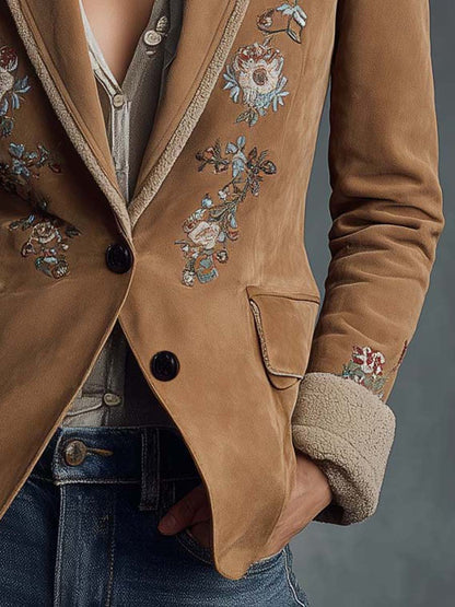 Embroidered Suede Blazer With Shearling Trim