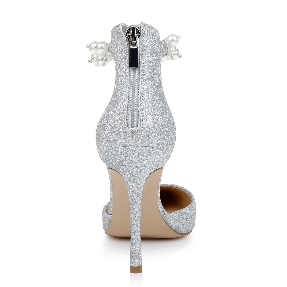 Glitter Pointed Toe Pearl Decor Ankle Strap Stiletto Heel Silver Pumps