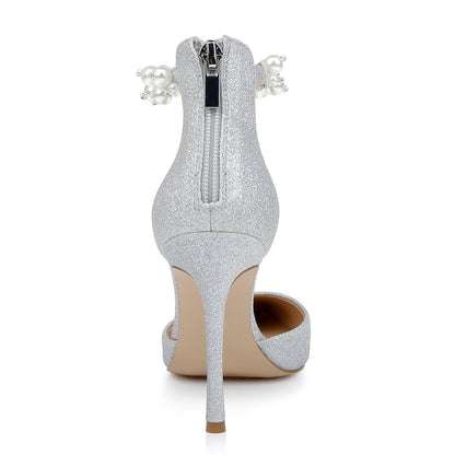 Glitter Pointed Toe Pearl Decor Ankle Strap Stiletto Heel Silver Pumps