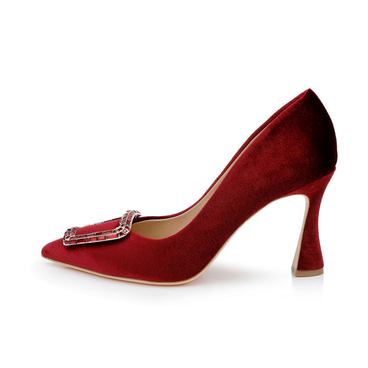 Elegant Velvet Buckle Accent Pointed Toe Slip-On Pumps Heels in Red