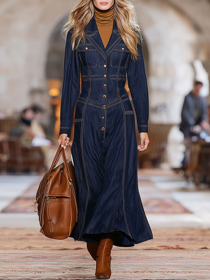 Elegant Retro Brown Topstitched Navy Blue Denim Long-Sleeved Maxi Dress