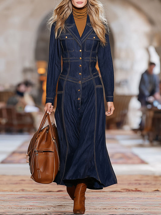 Elegant Retro Brown Topstitched Navy Blue Denim Long-Sleeved Maxi Dress