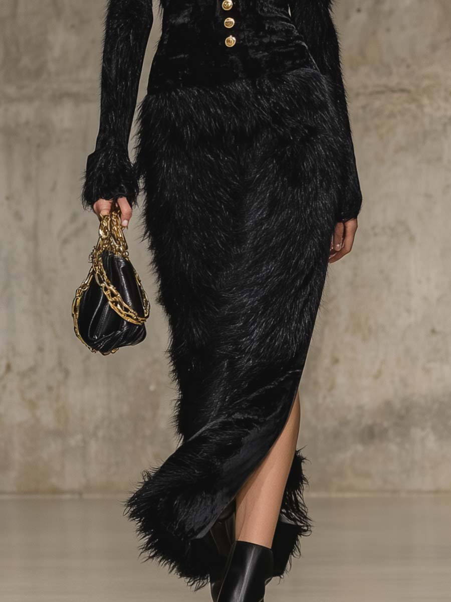 Elegant And Exquisite Retro V-neck Front Metal Buckle Black Velvet Splicing Faux Fur Hem Slit Maxi Dress