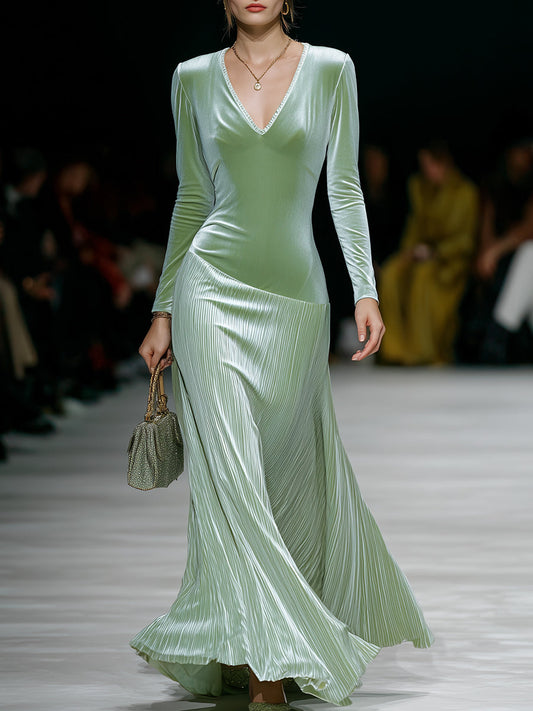 Elegant And Fashionable Light Green Velvet Splicing Maxi Dress