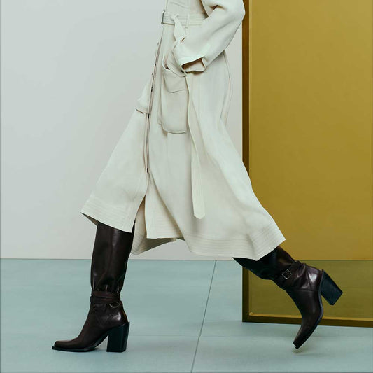 Dark Brown Vegan Leather Pointed Toe 3‘’ Chunky Heel Knee High Boots