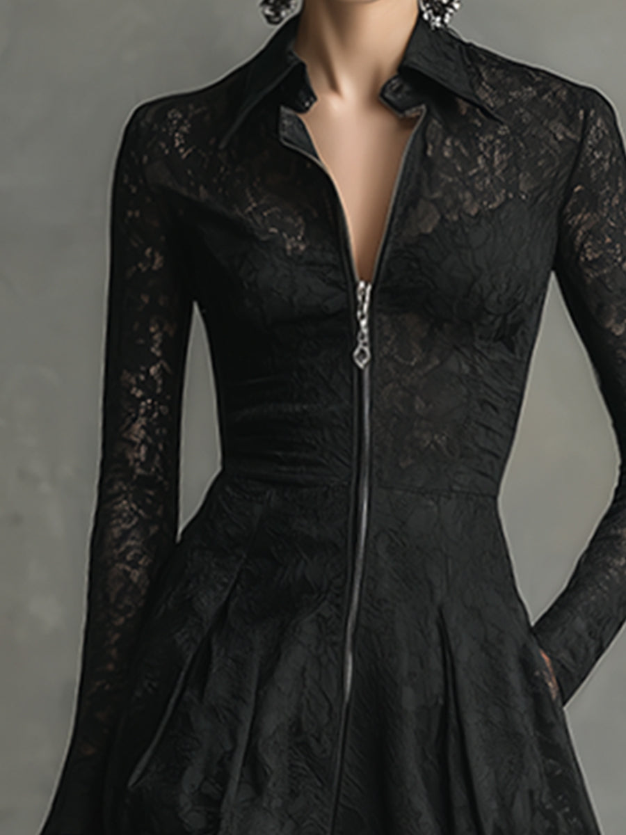 Elegant Luxury Lapel Front Zipper Black Lace Long Sleeve Maxi Dress