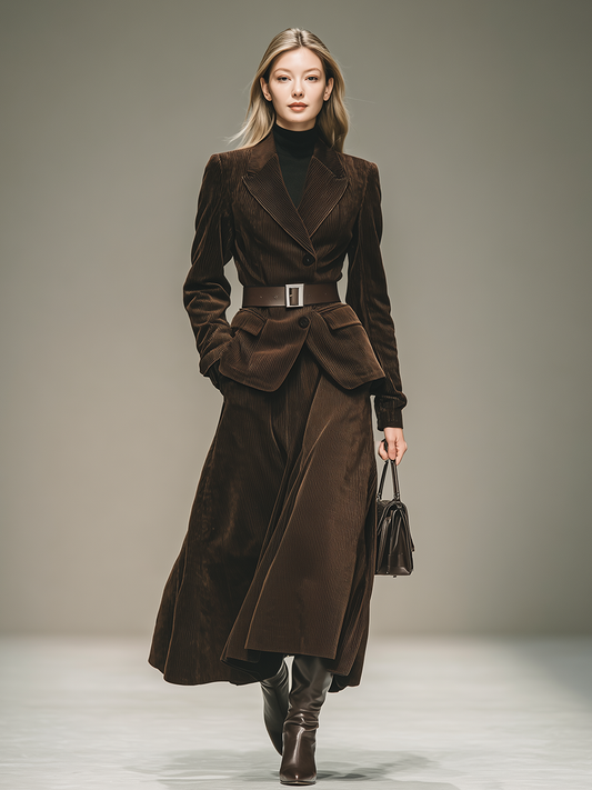 Elegant Vintage Western Style Corduroy Blazer And Skirt Set