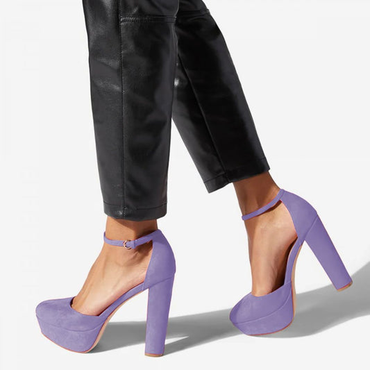 Elegant Purple Platform Pumps Closed Toe Ankle Strap Chunky Heels