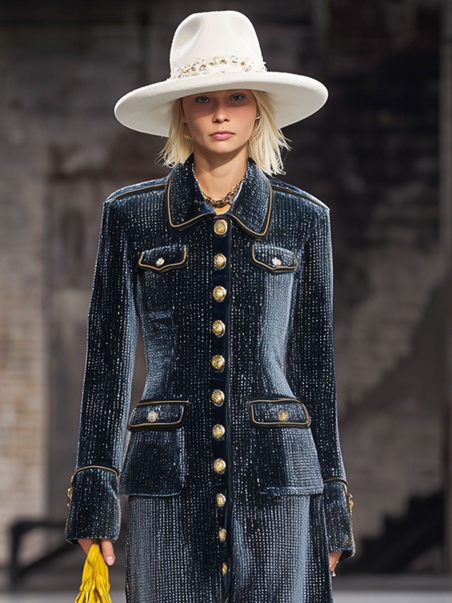 Fashion Retro Gold-Trimmed Shiny Navy Blue Velvet Long Coat