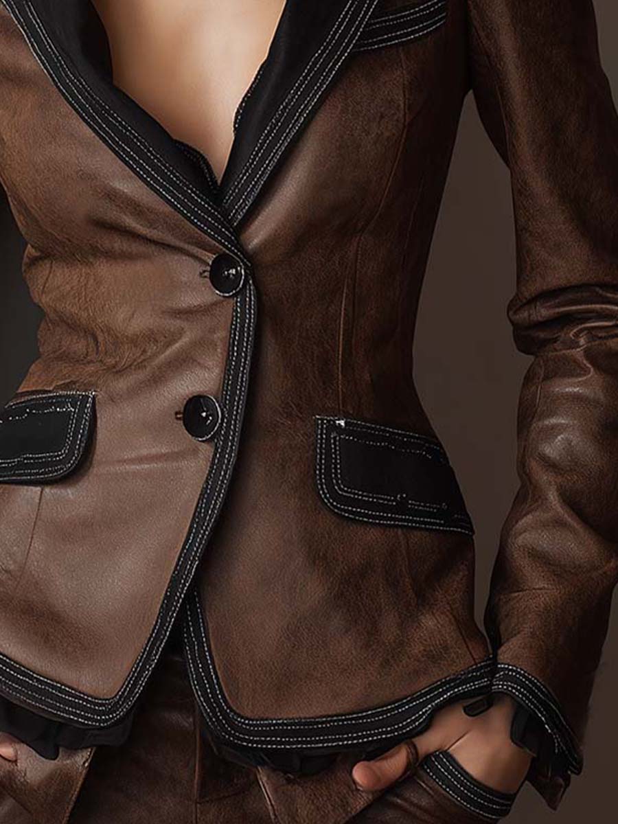 Eco-Leather Tailored Blazer With Contrast Trim