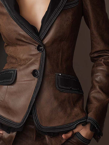 Eco-Leather Tailored Blazer With Contrast Trim