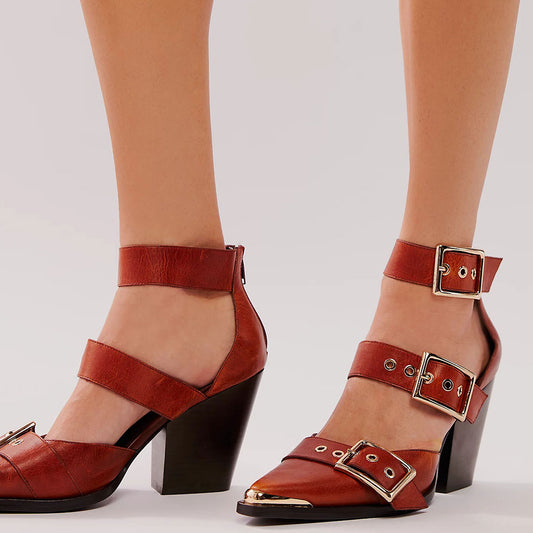 Distressed Tan Metallic Accent Pointed Toe Buckle Strap Chunky Heels