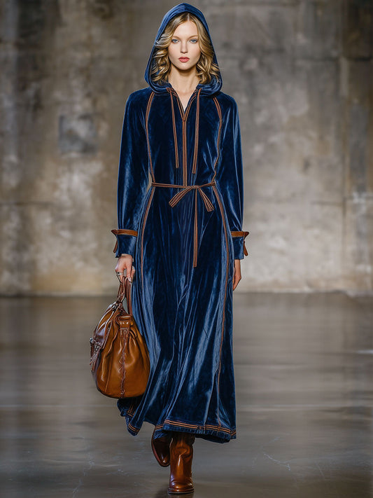 Fashion Retro Brown Trim Dark Blue Velvet Long-Sleeved Hooded Maxi Dress