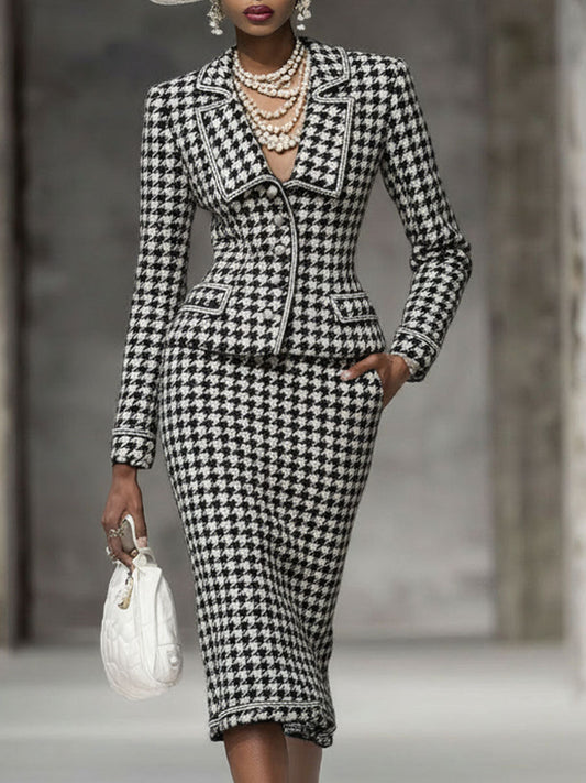 Elegant Black And White Houndstooth Lapel Blazer And Skirt Set