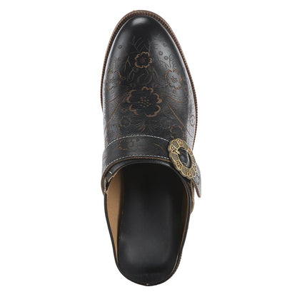 Floral Print Round Toe Block Heel Black Womens Western Mules