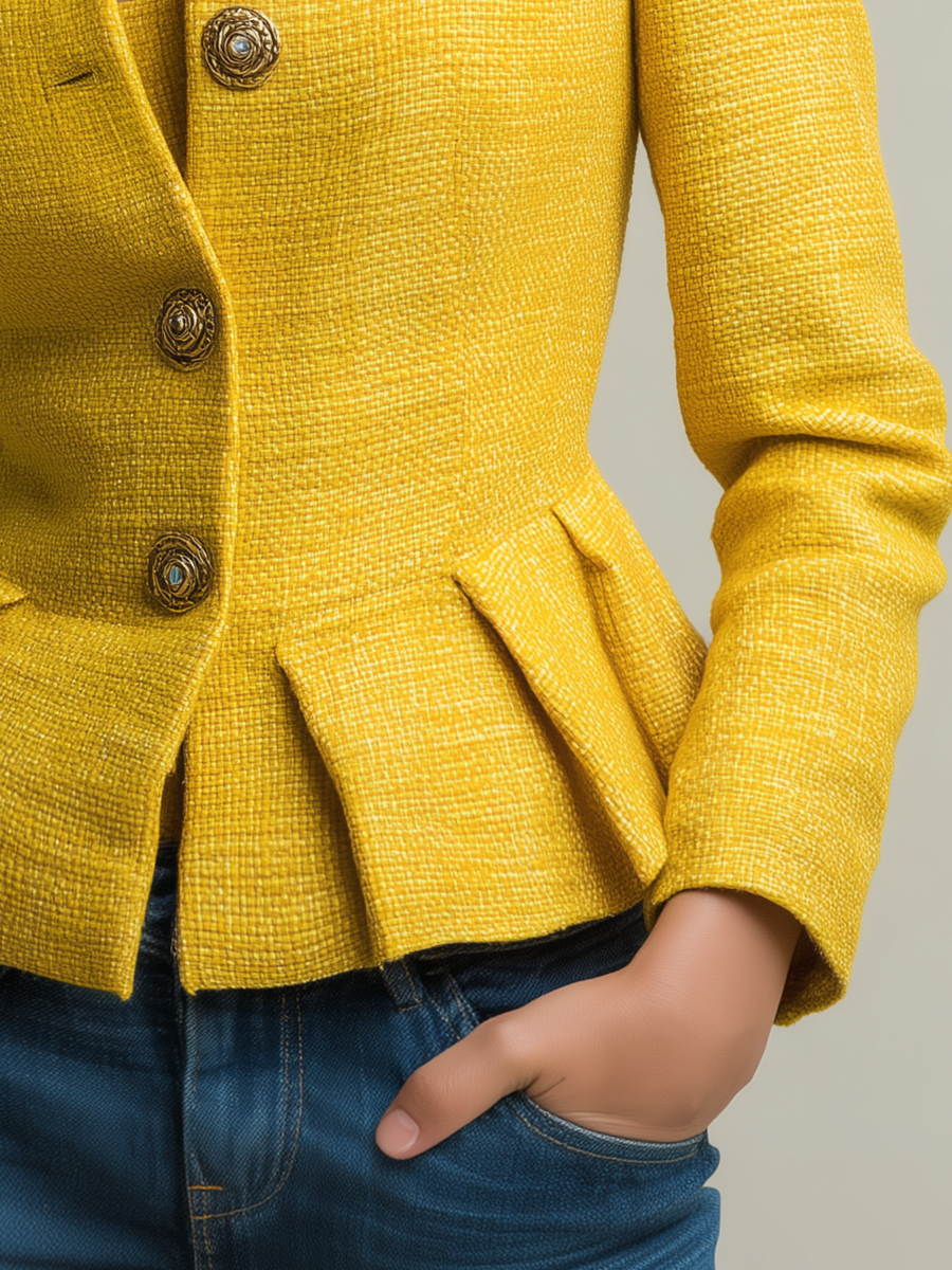 Elegant Round Neck Metal Button Peplum Hem Tweed Jacket